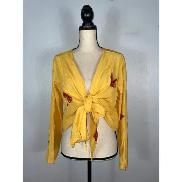 Jacques Ruc Yellow Tie Open Front Blouse Size: 1 / XS - Picture 1 of 5